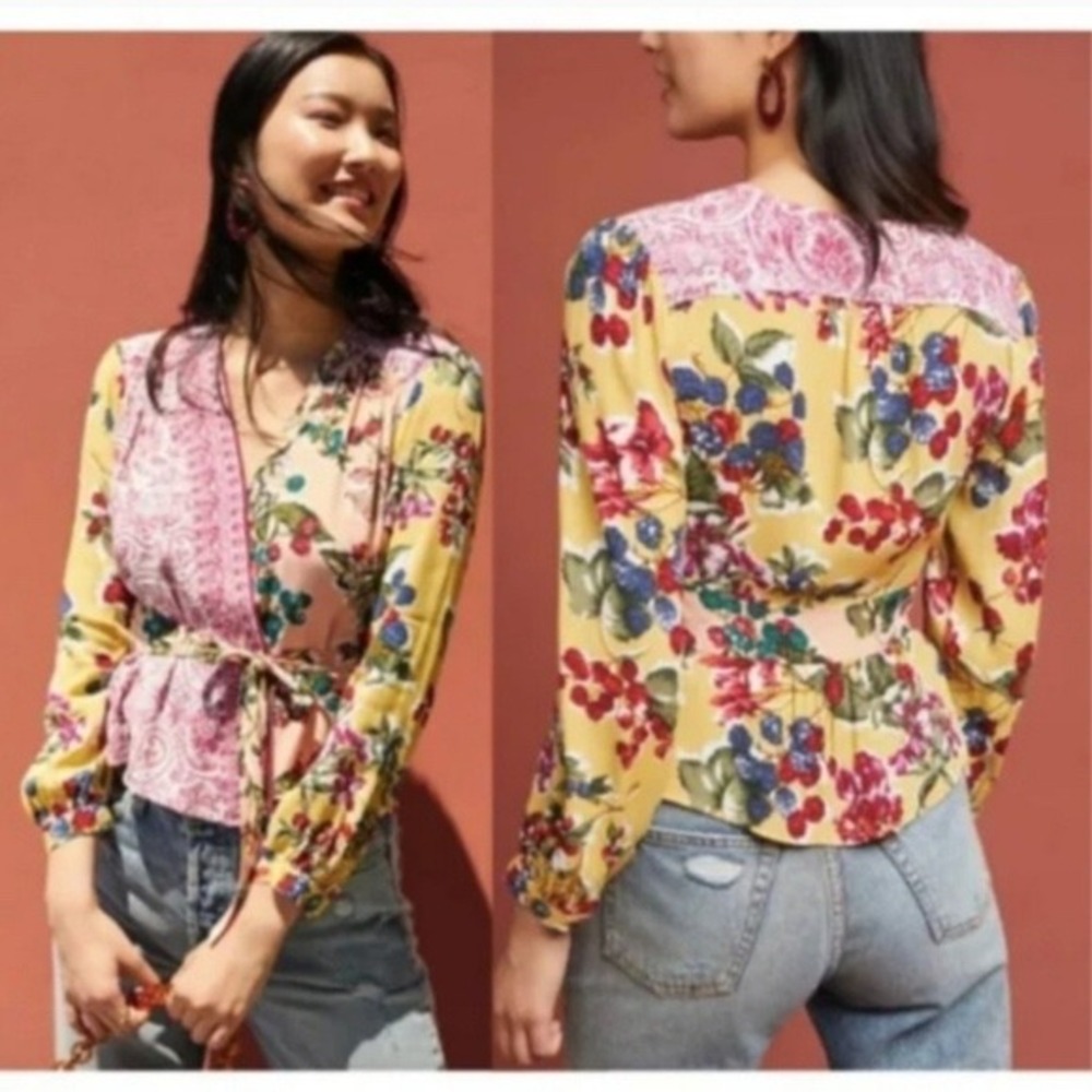 NWT, Anthropologie Meadow Rue Floral Paisley Mixed Print Wrap Blouse Pink Yellow
